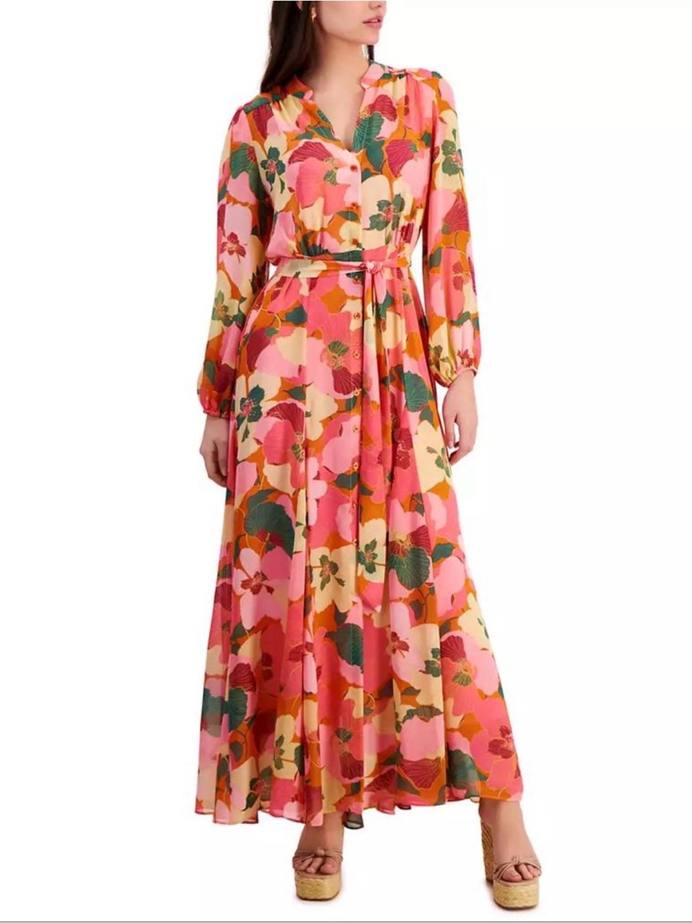 Taylor Pink & Orange Floral Button-Front Maxi Dress with Waist Tie